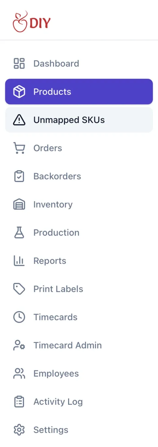 The internal operations dashboard navigation — products, orders, backorders, inventory, production, reports, label printing, and more.